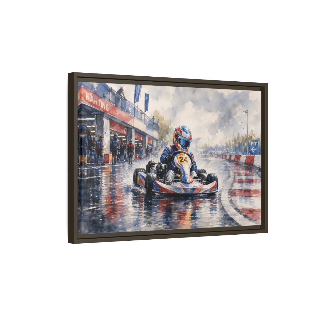 Side Mockup 2. Rainy Kart Race shown as framed canvas print