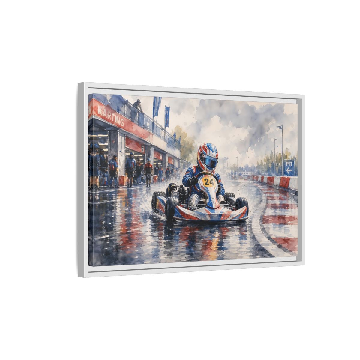 Side Mockup 1. Rainy Kart Race shown as framed canvas print
