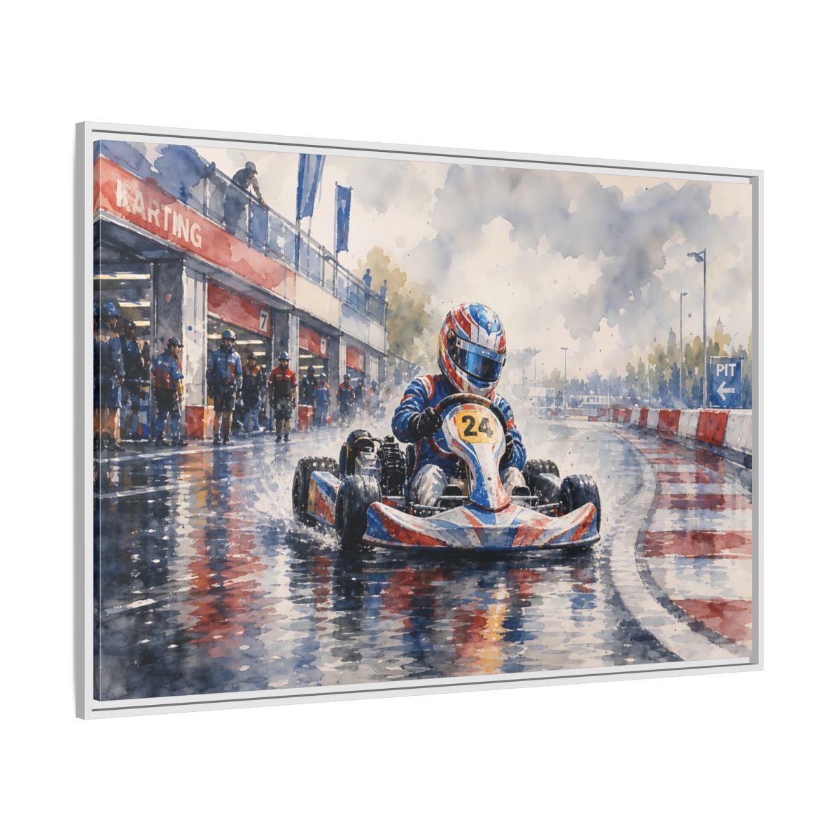 Side Mockup 7. Rainy Kart Race shown as framed canvas print