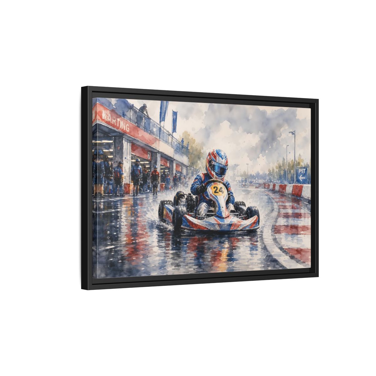 Side Mockup 3. Rainy Kart Race shown as framed canvas print