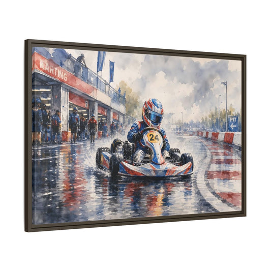 Main Mockup. Rainy Kart Race shown as framed canvas print