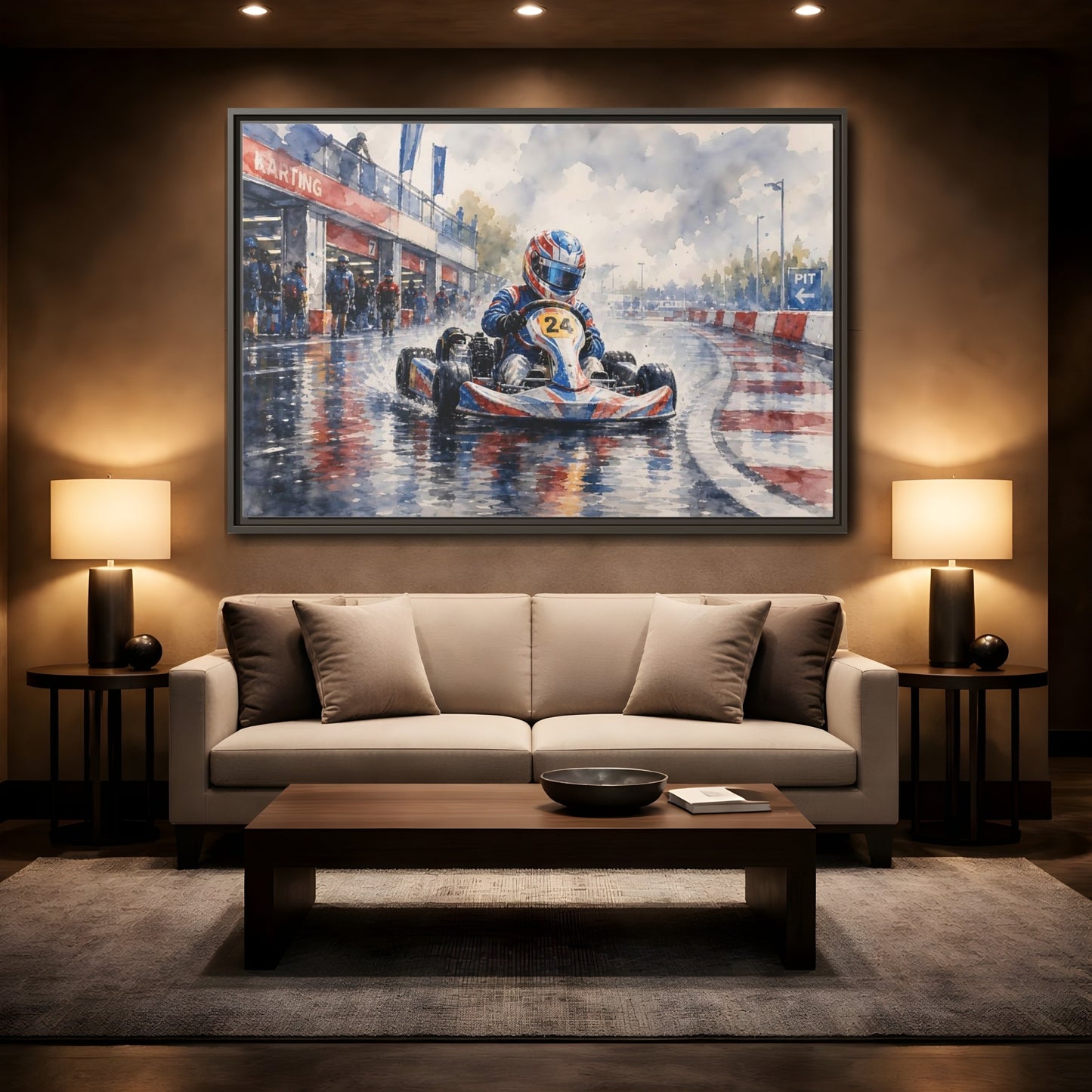 Mockup 2. Rainy Kart Race shown as framed canvas print