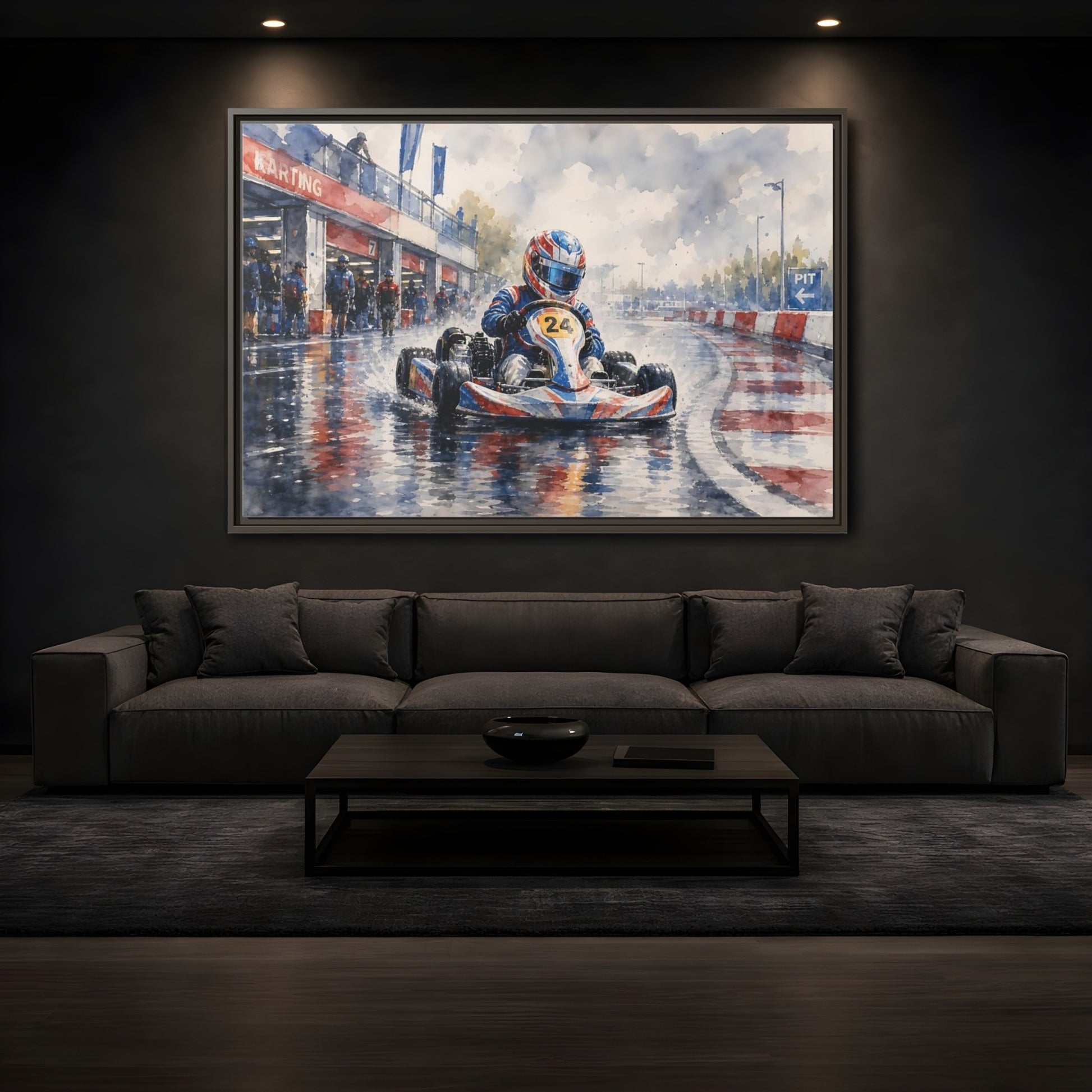 Mockup 3. Rainy Kart Race shown as framed canvas print