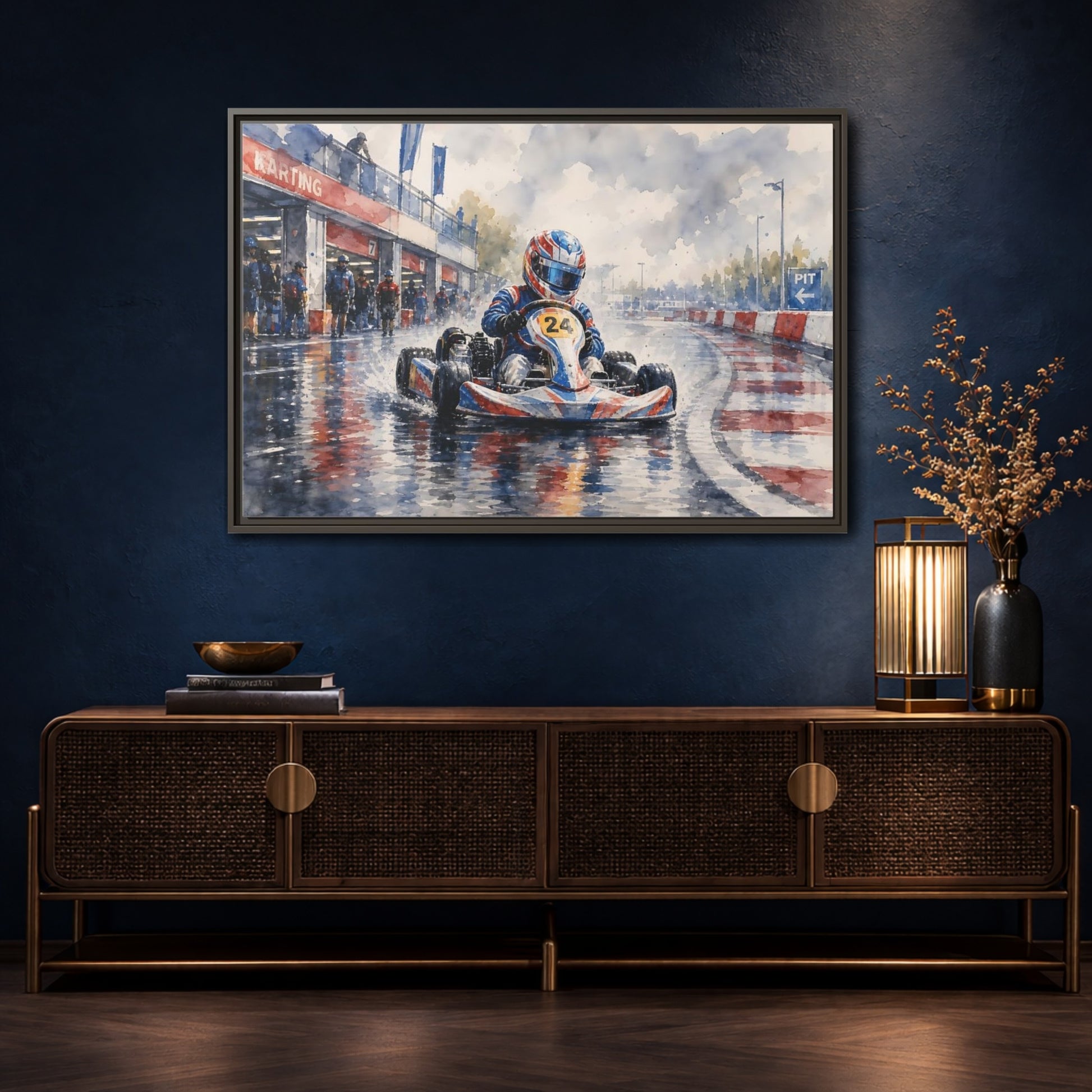 Mockup 4. Rainy Kart Race shown as framed canvas print