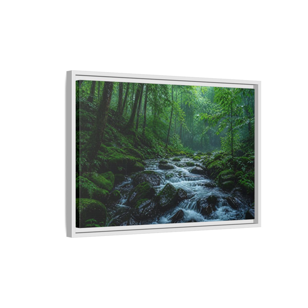 Side Mockup 1. Rainy Mossy Forest Stream shown as framed canvas print