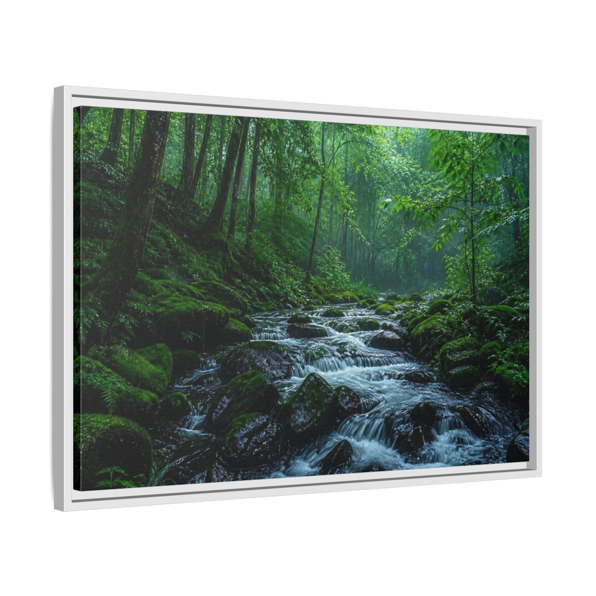 Side Mockup 10. Rainy Mossy Forest Stream shown as framed canvas print