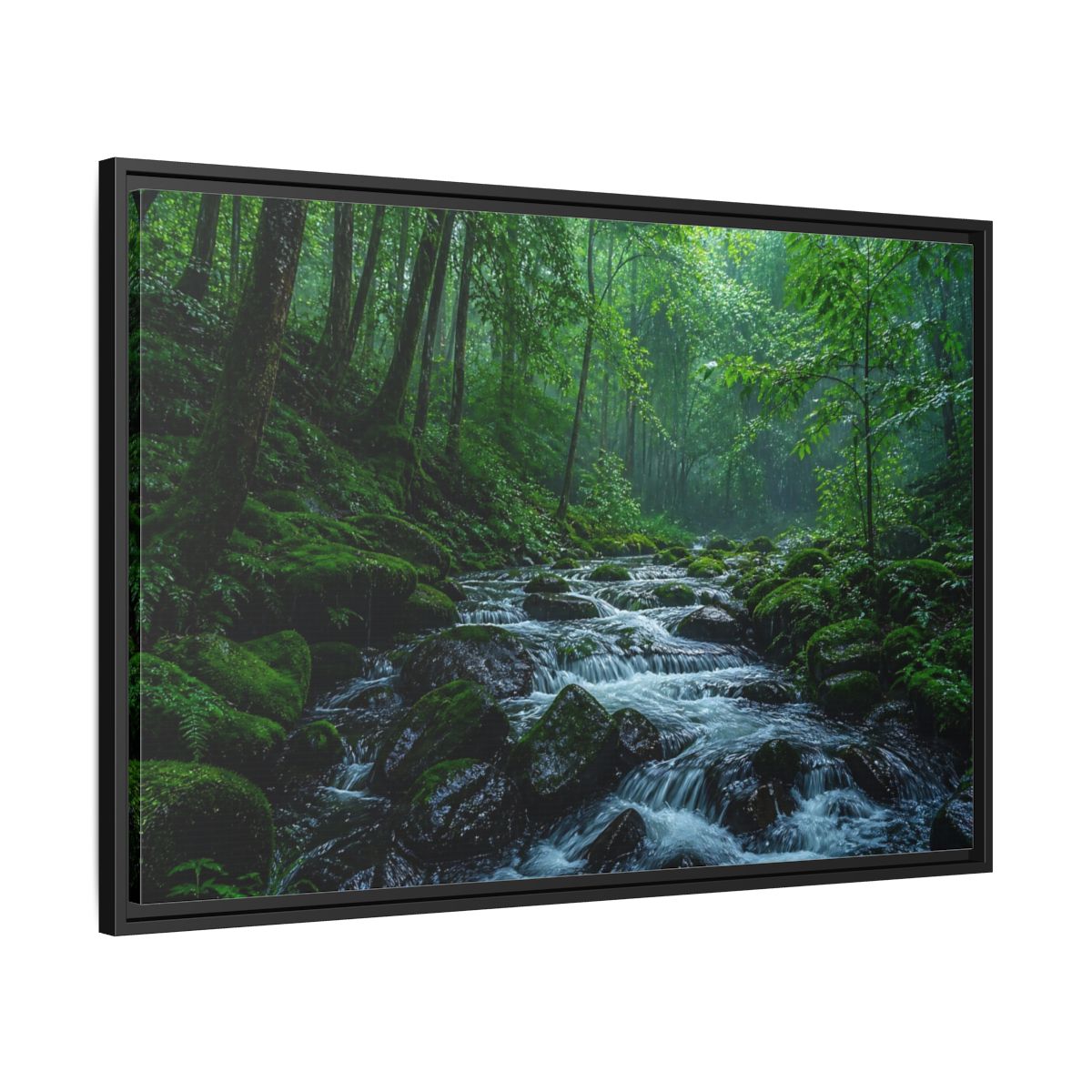 Side Mockup 13. Rainy Mossy Forest Stream shown as framed canvas print
