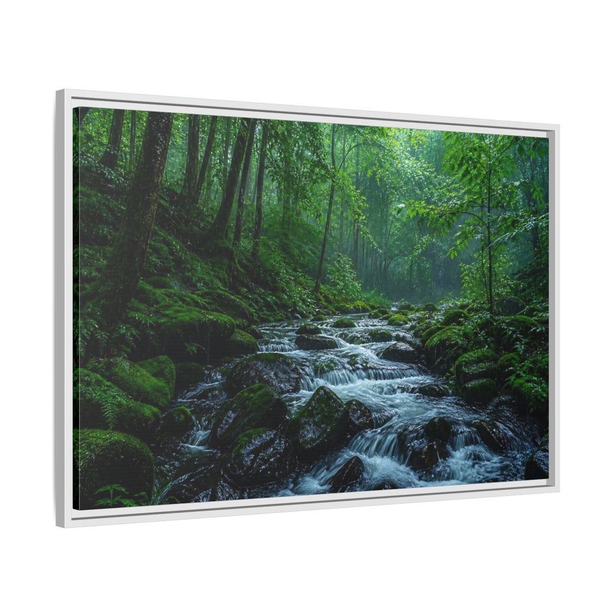 Side Mockup 9. Rainy Mossy Forest Stream shown as framed canvas print