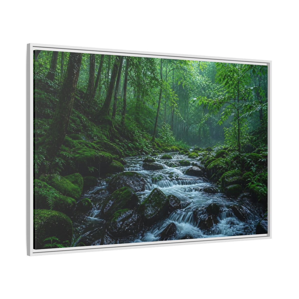 Side Mockup 7. Rainy Mossy Forest Stream shown as framed canvas print