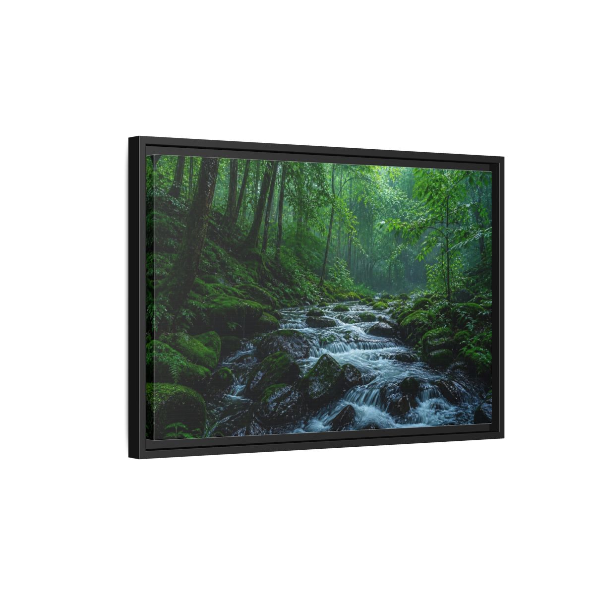 Side Mockup 3. Rainy Mossy Forest Stream shown as framed canvas print