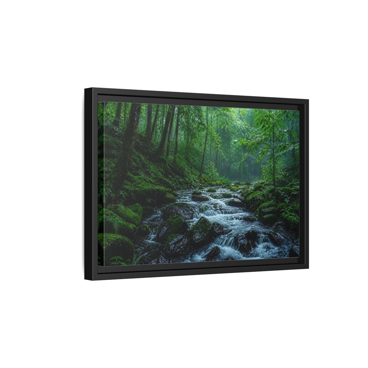 Side Mockup 6. Rainy Mossy Forest Stream shown as framed canvas print