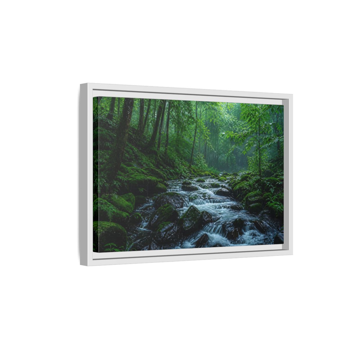 Side Mockup 4. Rainy Mossy Forest Stream shown as framed canvas print