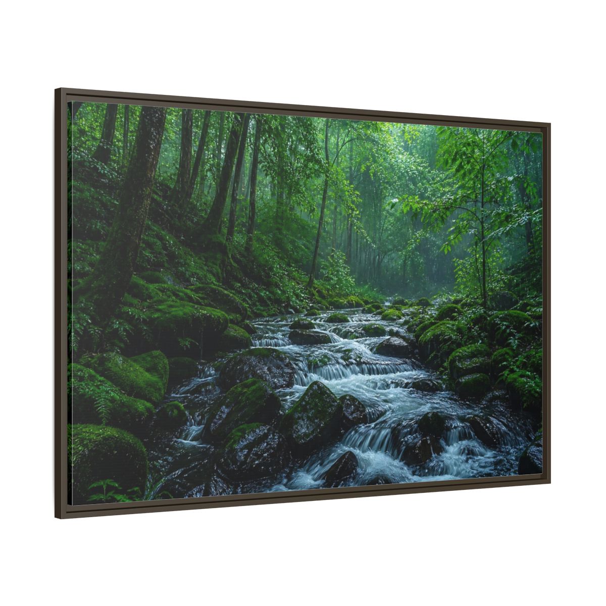 Side Mockup 8. Rainy Mossy Forest Stream shown as framed canvas print