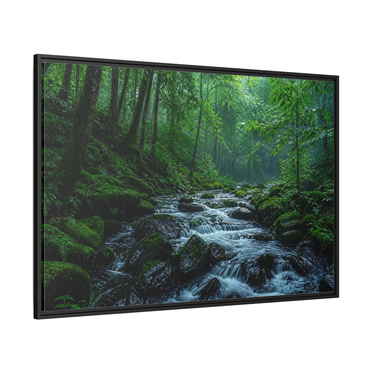 Side Mockup 12. Rainy Mossy Forest Stream shown as framed canvas print