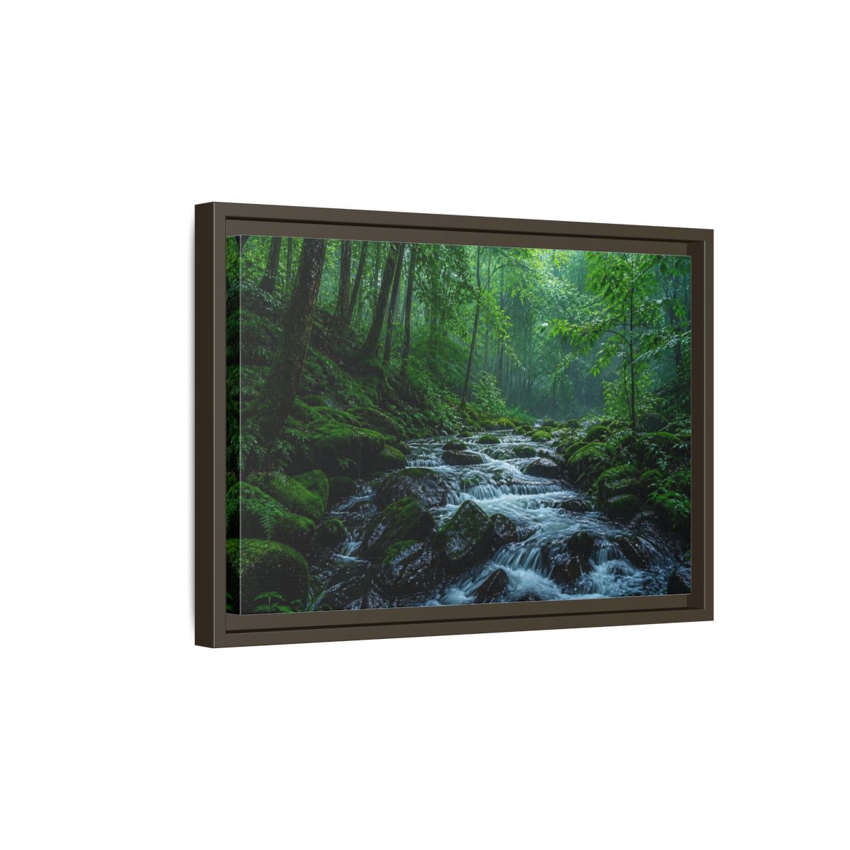 Side Mockup 5. Rainy Mossy Forest Stream shown as framed canvas print