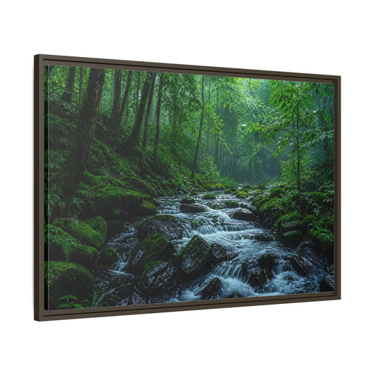 Main Mockup. Rainy Mossy Forest Stream shown as framed canvas print