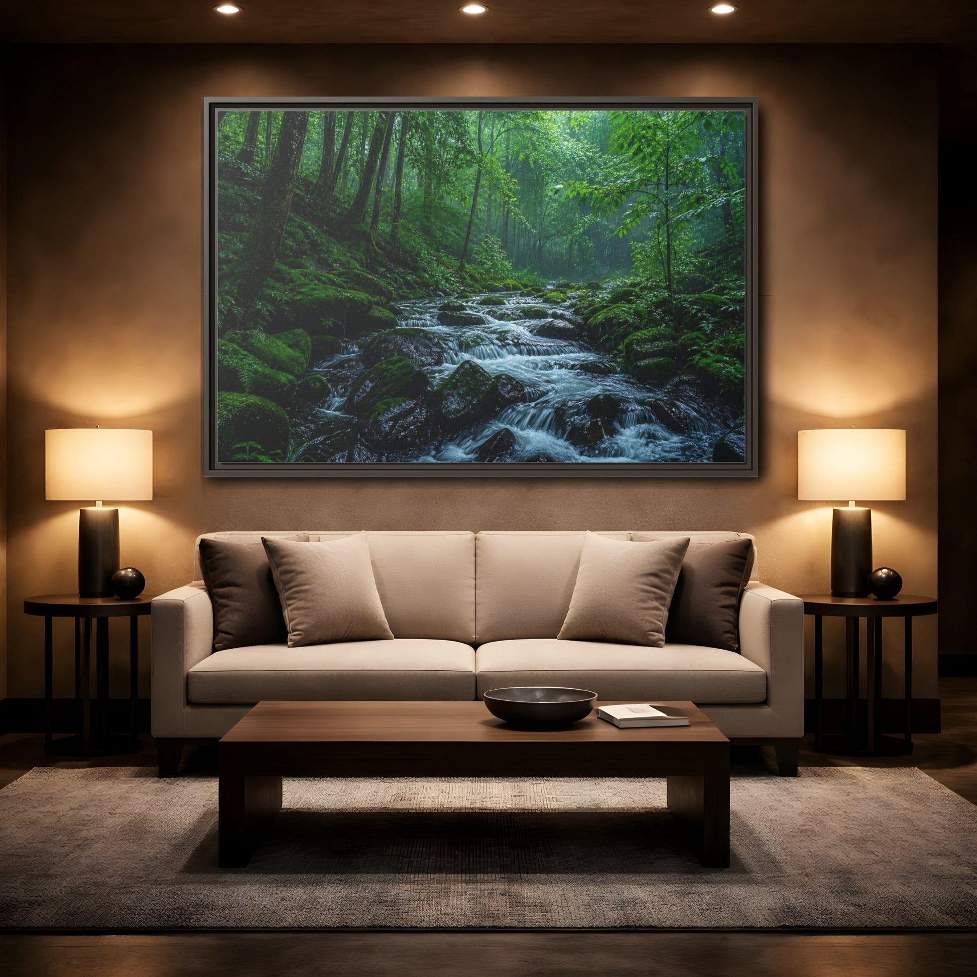 Mockup 2. Rainy Mossy Forest Stream shown as framed canvas print