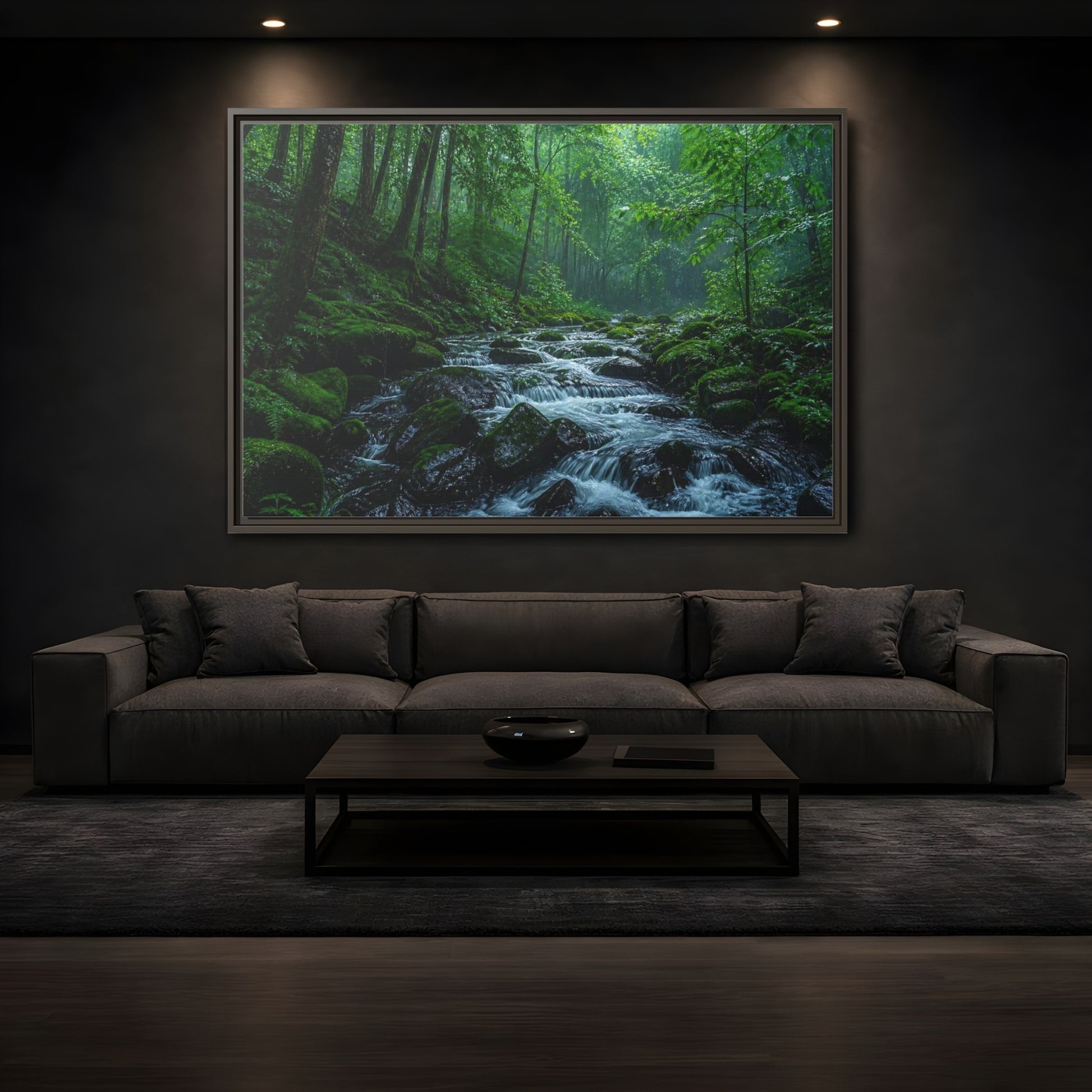 Mockup 3. Rainy Mossy Forest Stream shown as framed canvas print