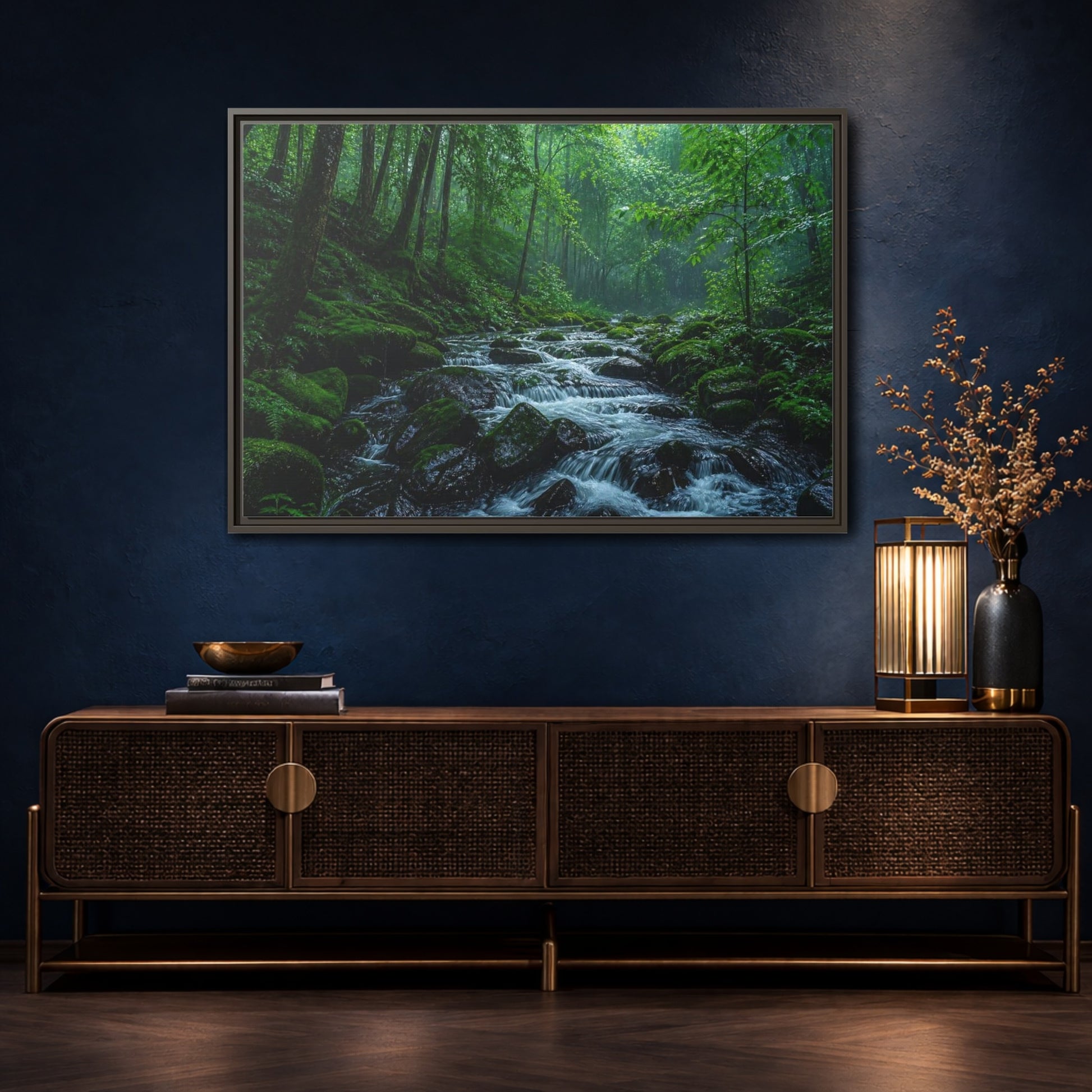 Mockup 4. Rainy Mossy Forest Stream shown as framed canvas print