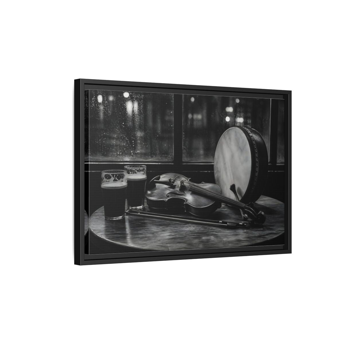 Side Mockup 3. Rainy Night Fiddle Session shown as framed canvas print