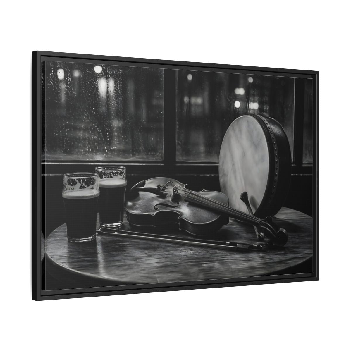 Side Mockup 13. Rainy Night Fiddle Session shown as framed canvas print
