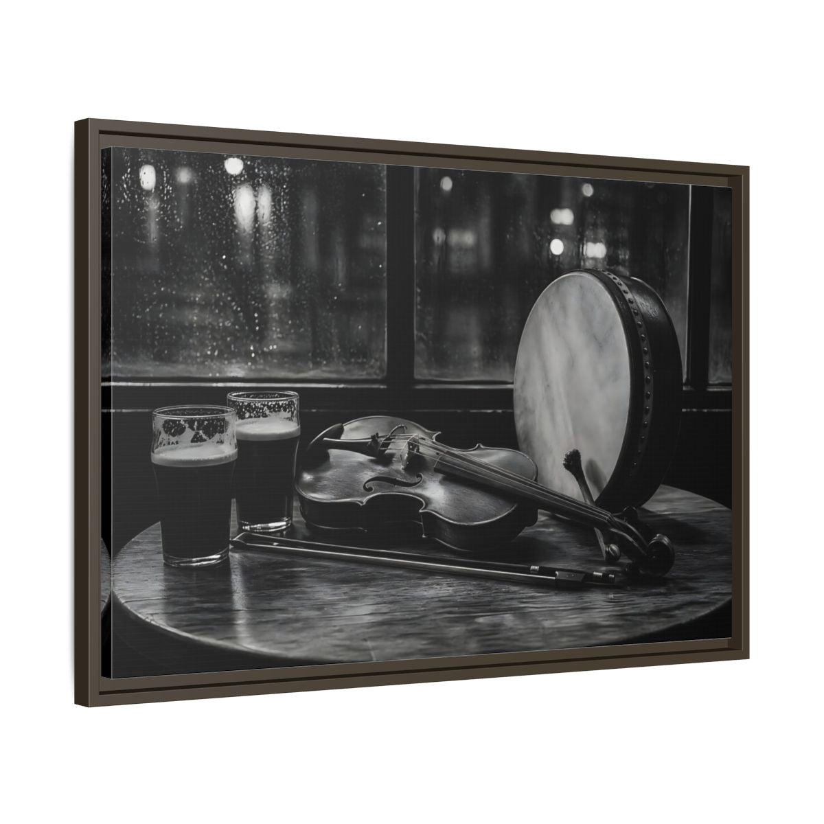 Side Mockup 11. Rainy Night Fiddle Session shown as framed canvas print