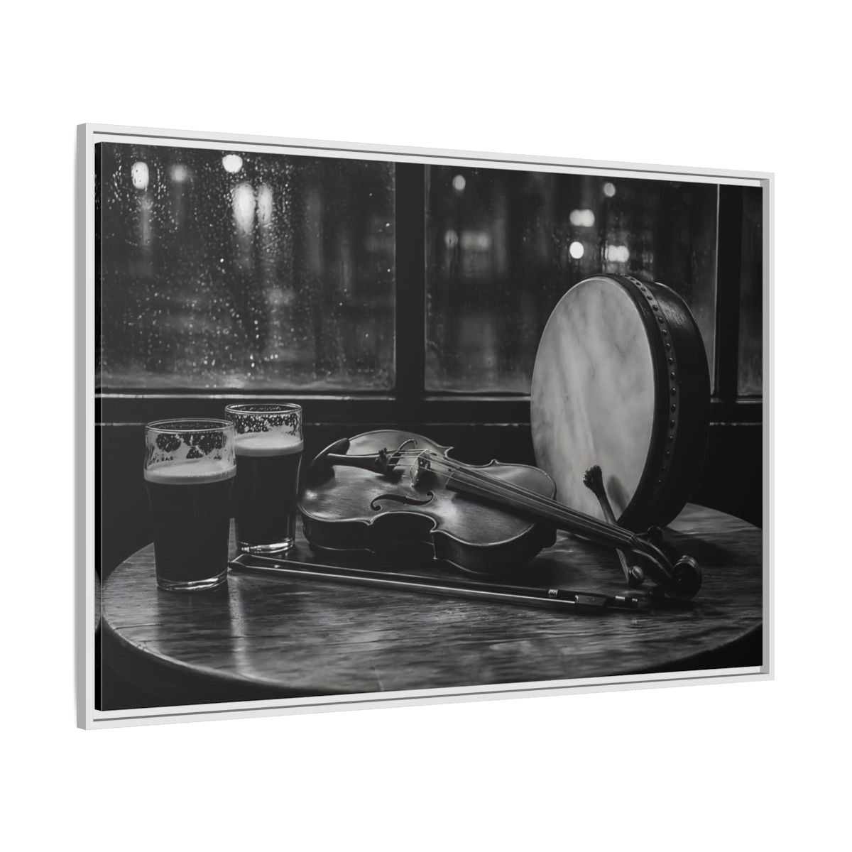 Side Mockup 7. Rainy Night Fiddle Session shown as framed canvas print