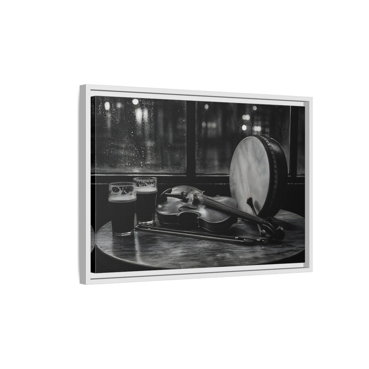 Side Mockup 1. Rainy Night Fiddle Session shown as framed canvas print