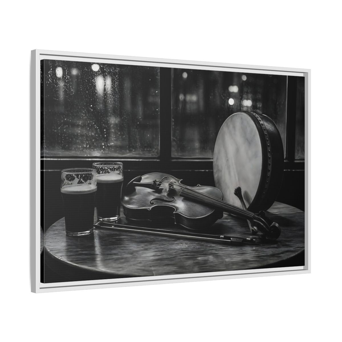 Side Mockup 9. Rainy Night Fiddle Session shown as framed canvas print