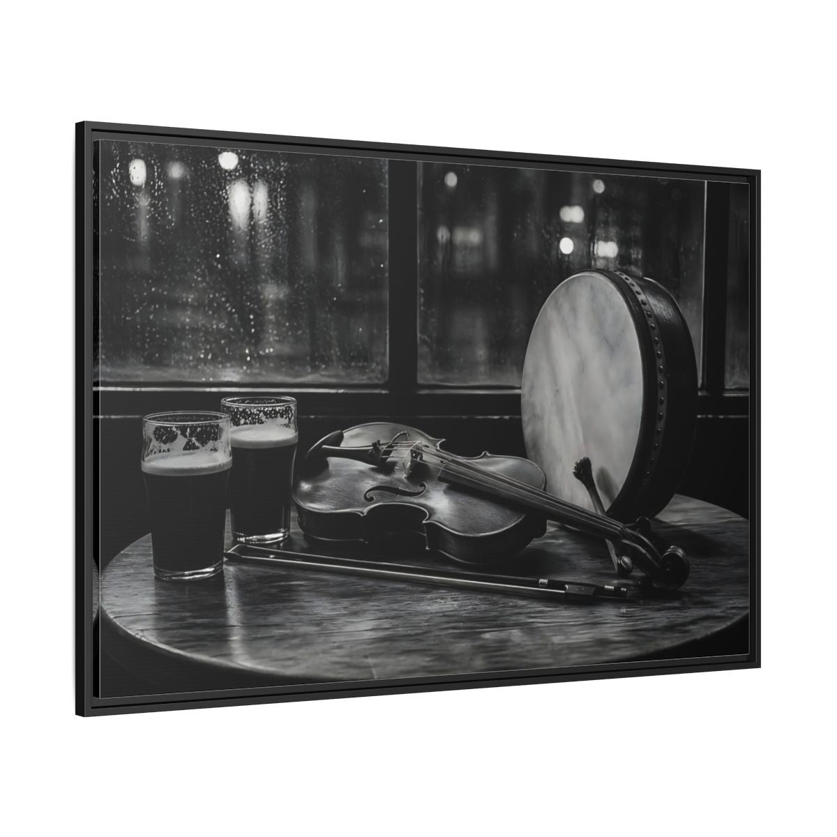 Side Mockup 12. Rainy Night Fiddle Session shown as framed canvas print