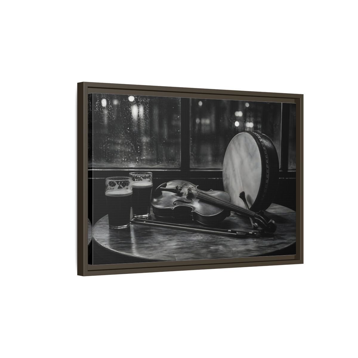 Side Mockup 2. Rainy Night Fiddle Session shown as framed canvas print