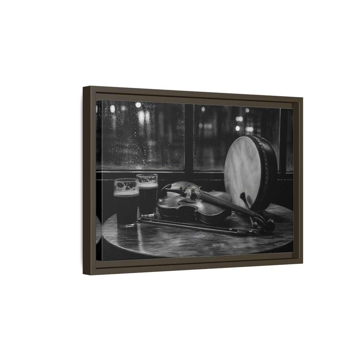Side Mockup 5. Rainy Night Fiddle Session shown as framed canvas print