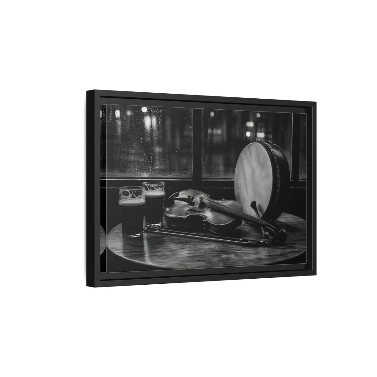 Side Mockup 6. Rainy Night Fiddle Session shown as framed canvas print