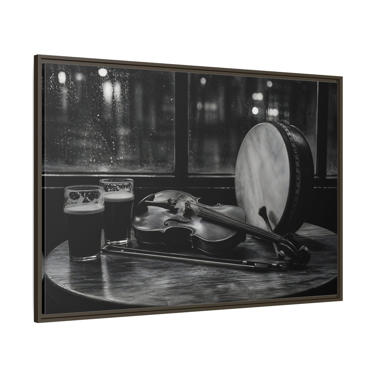 Side Mockup 8. Rainy Night Fiddle Session shown as framed canvas print