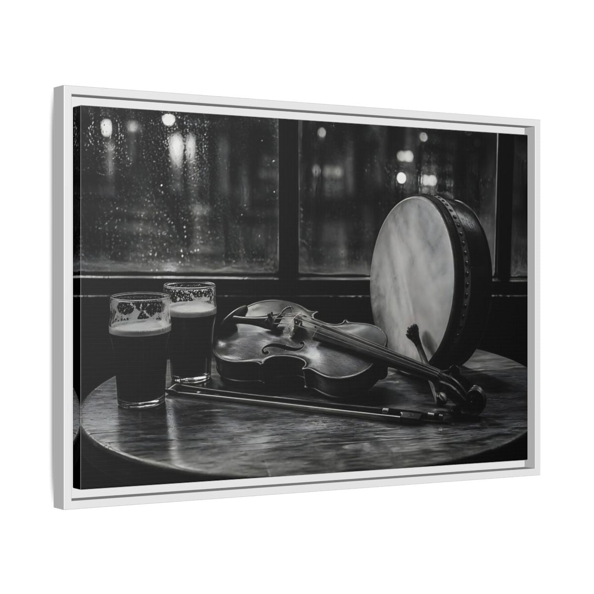Side Mockup 10. Rainy Night Fiddle Session shown as framed canvas print