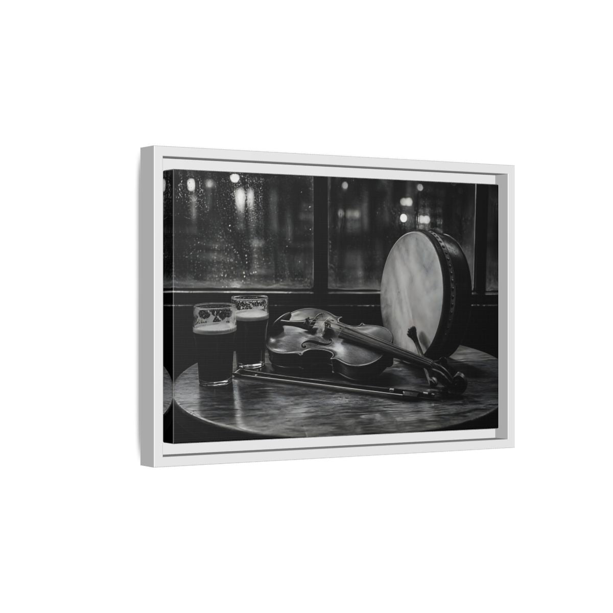 Side Mockup 4. Rainy Night Fiddle Session shown as framed canvas print