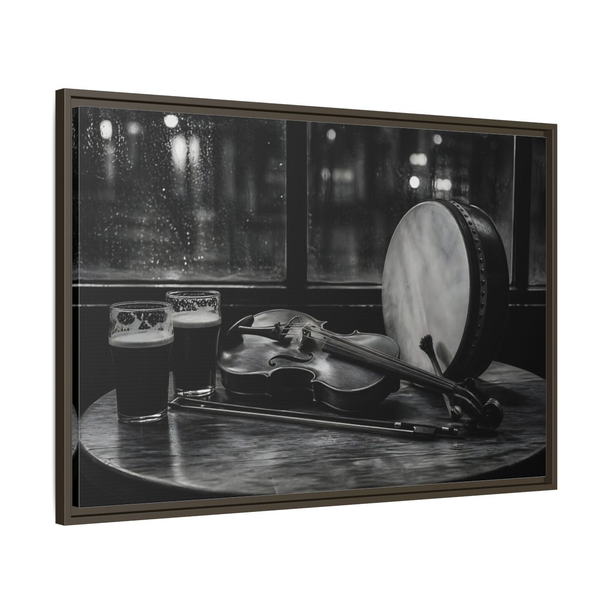 Main Mockup. Rainy Night Fiddle Session shown as framed canvas print