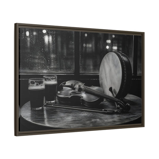 Main Mockup. Rainy Night Fiddle Session shown as framed canvas print