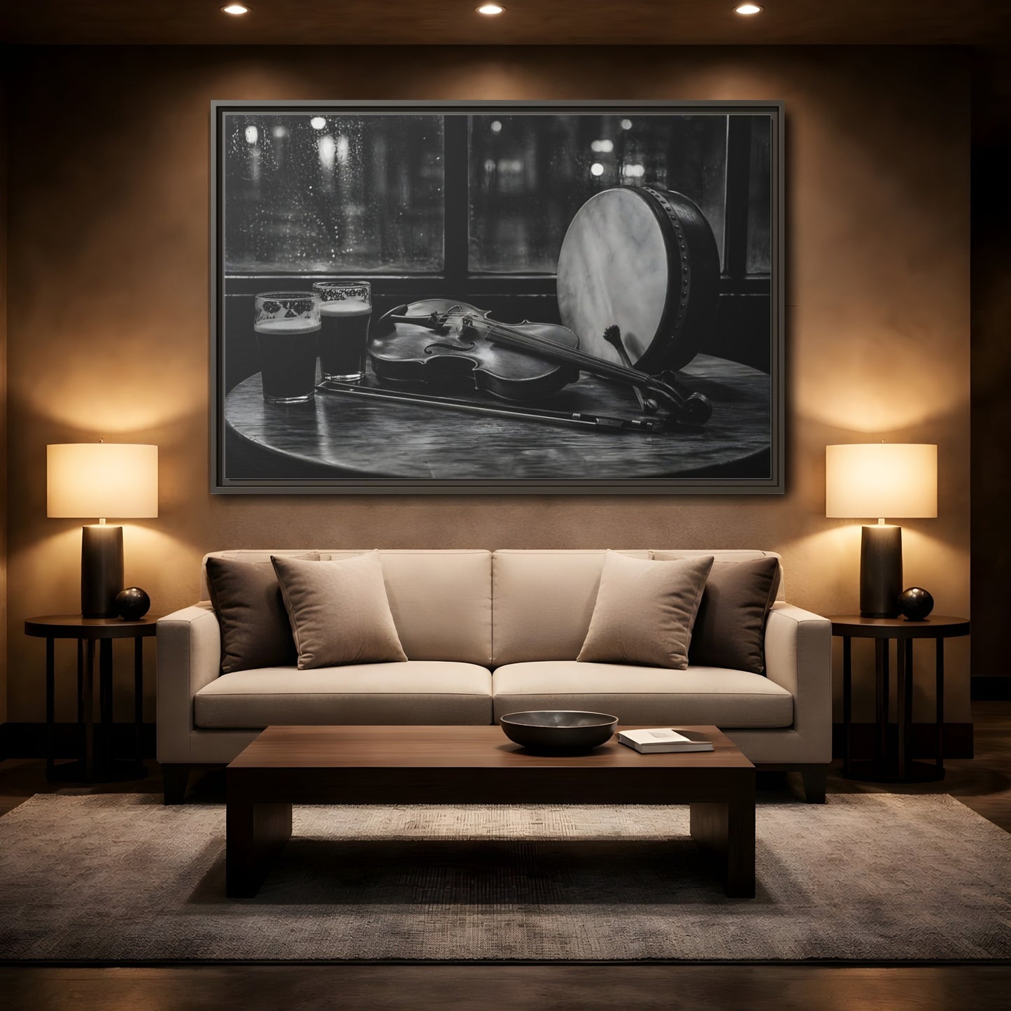 Mockup 2. Rainy Night Fiddle Session shown as framed canvas print