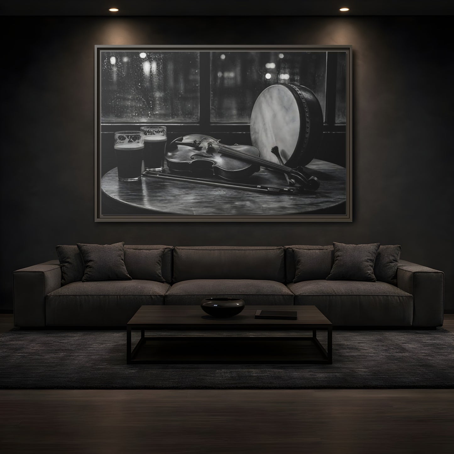 Mockup 3. Rainy Night Fiddle Session shown as framed canvas print