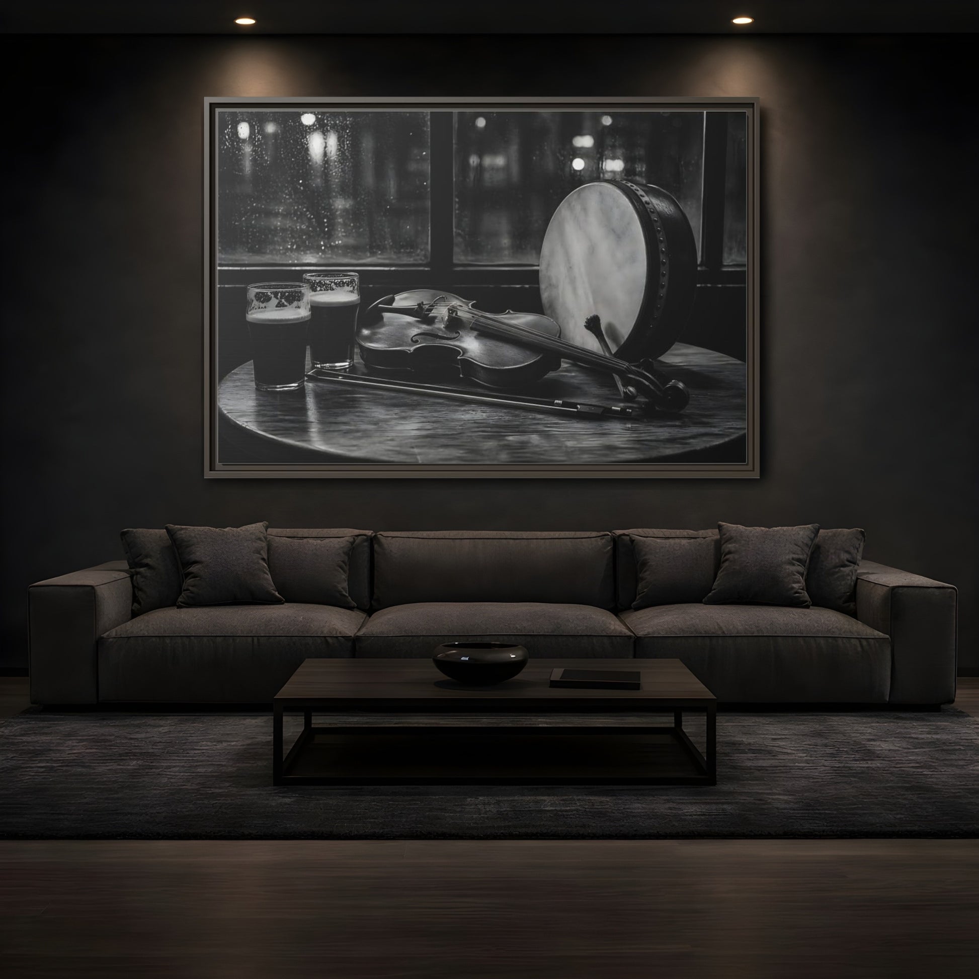 Mockup 3. Rainy Night Fiddle Session shown as framed canvas print