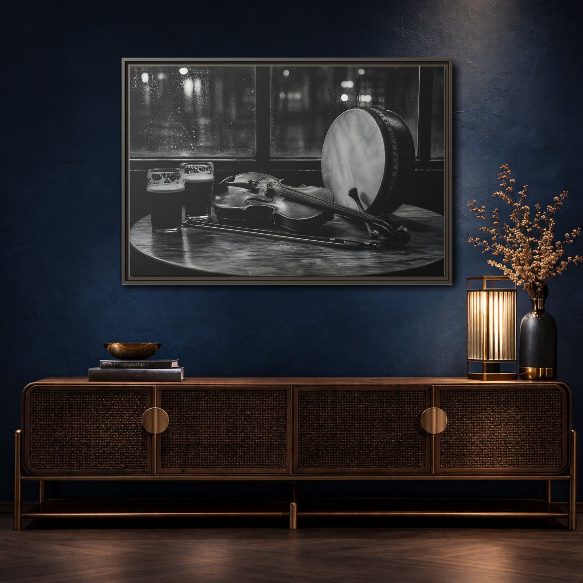 Mockup 4. Rainy Night Fiddle Session shown as framed canvas print