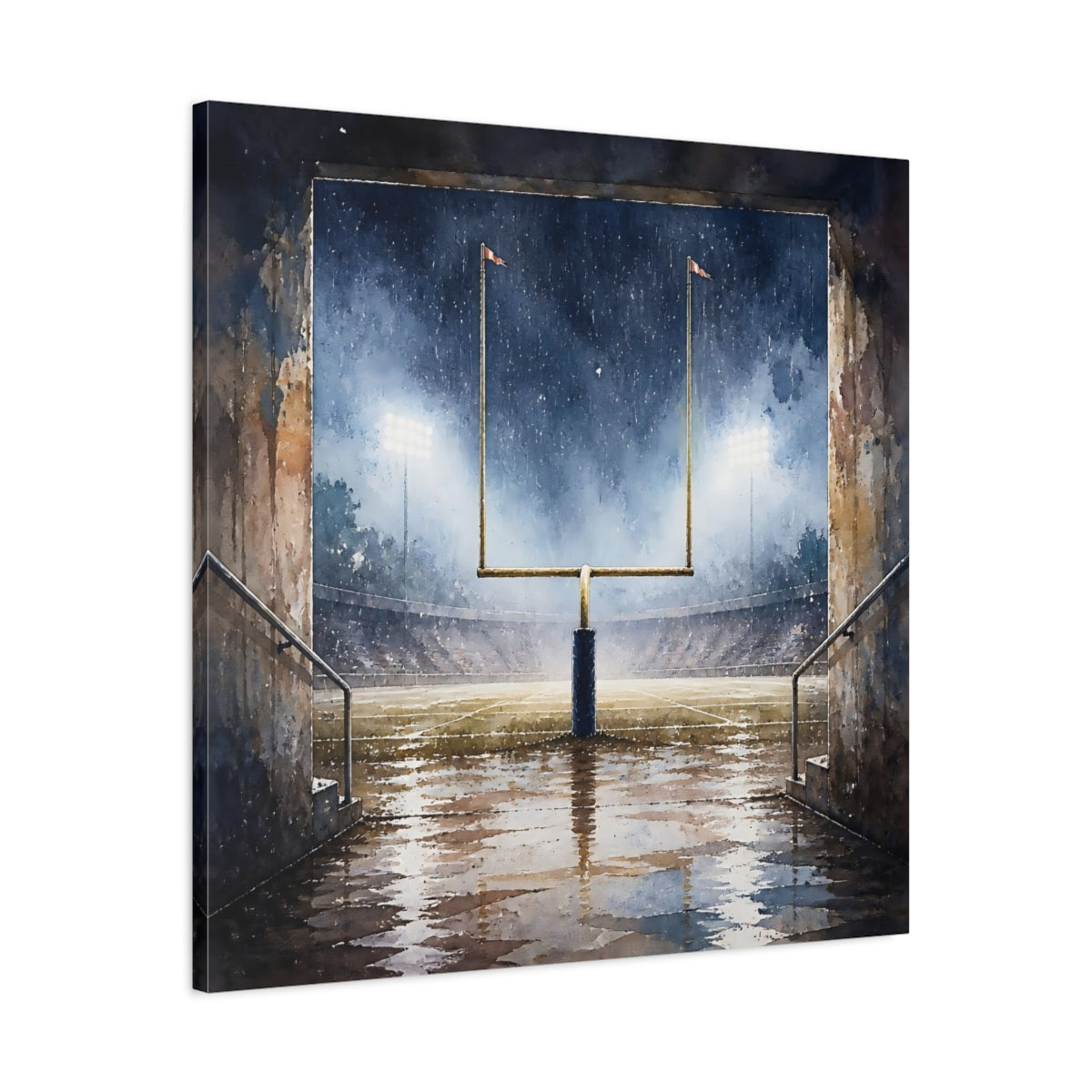 Side Mockup 3. Rainy Night Goalpost shown as canvas print