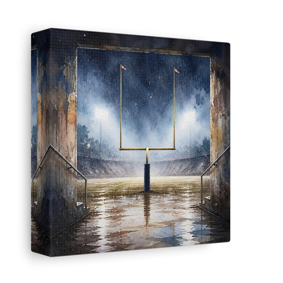 Side Mockup 2. Rainy Night Goalpost shown as canvas print