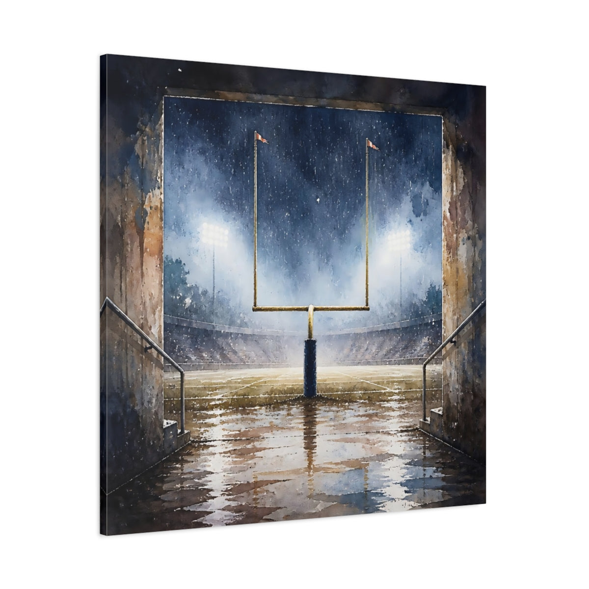 Side Mockup 1. Rainy Night Goalpost shown as canvas print