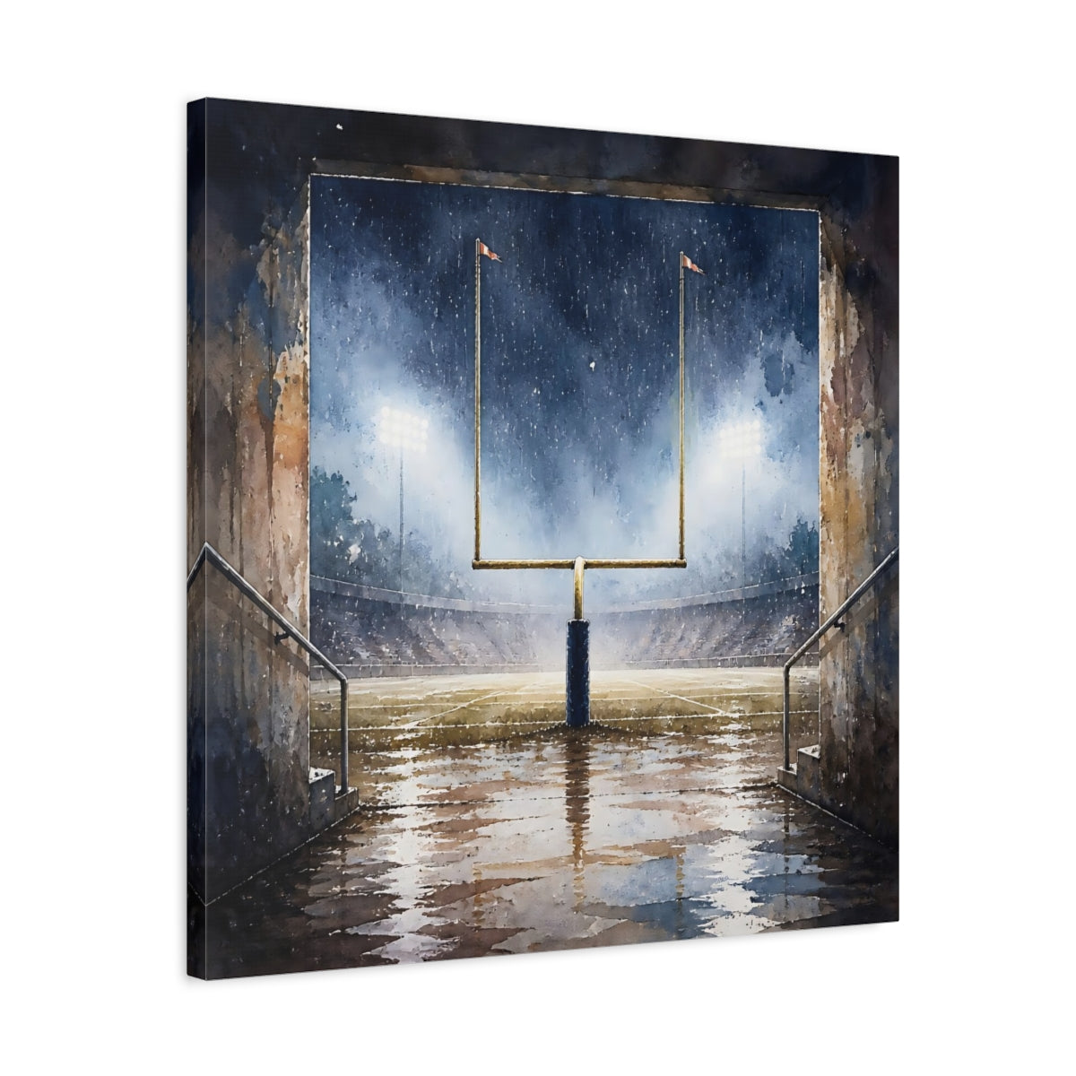 Side Mockup 4. Rainy Night Goalpost shown as canvas print