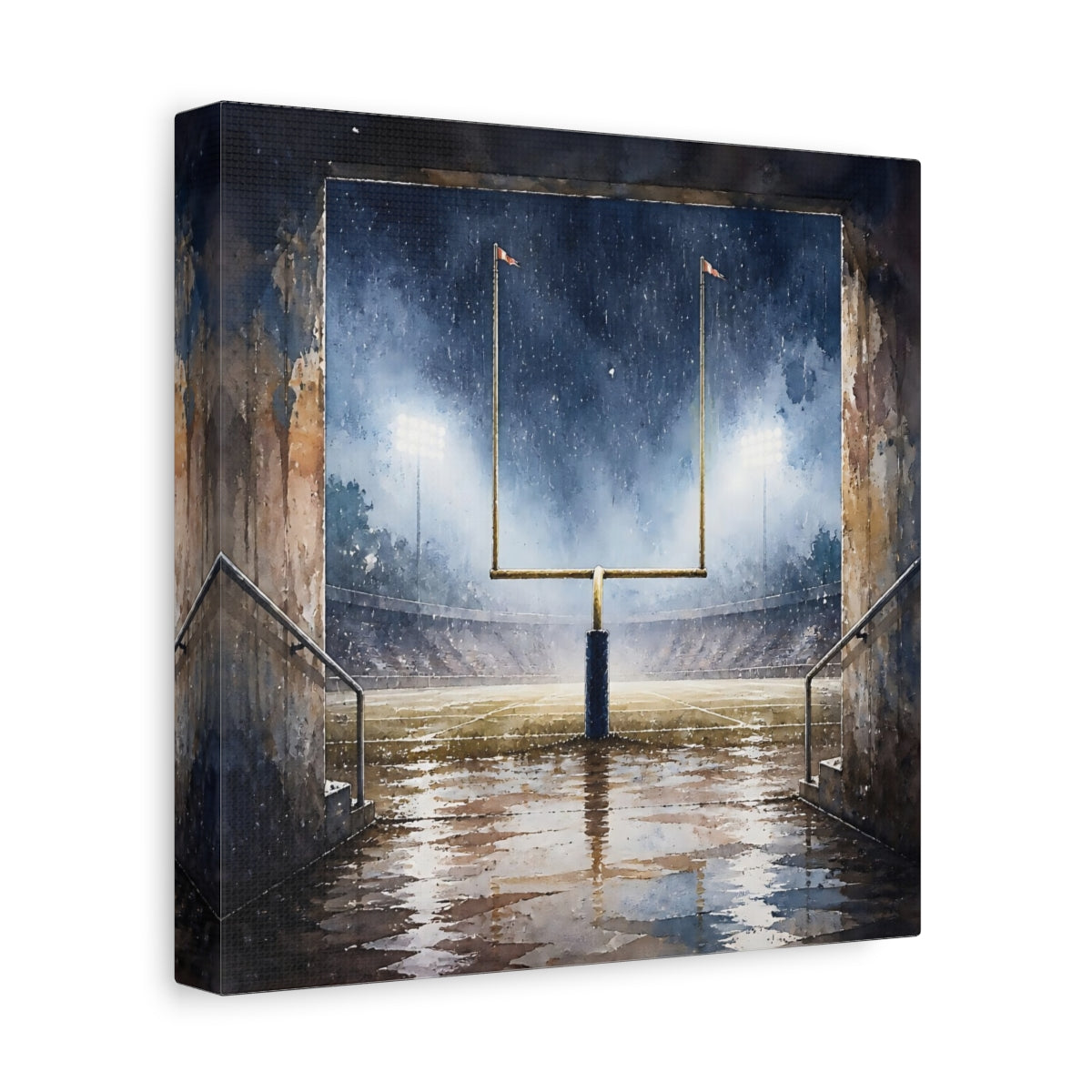 Side Mockup 9. Rainy Night Goalpost shown as canvas print