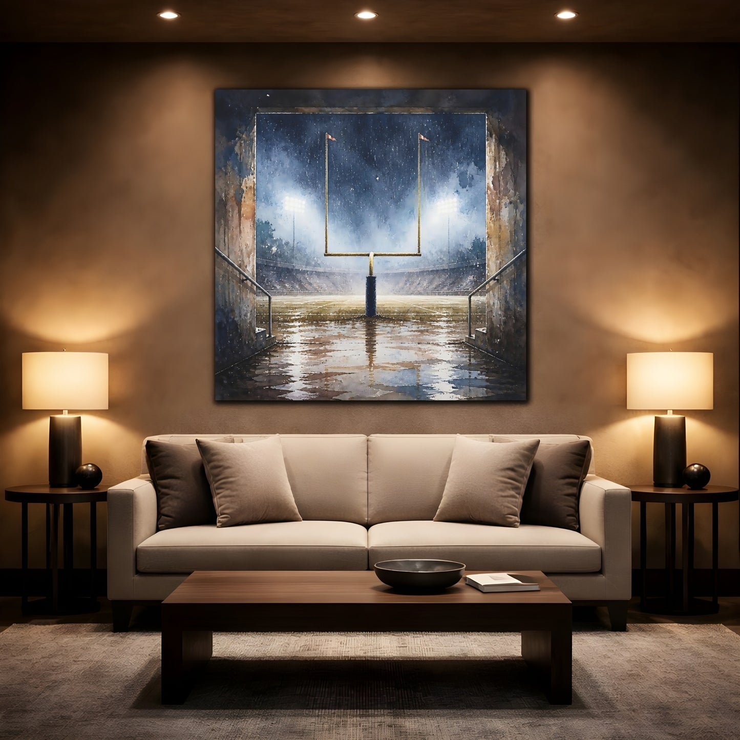 Mockup 2. Rainy Night Goalpost shown as canvas print