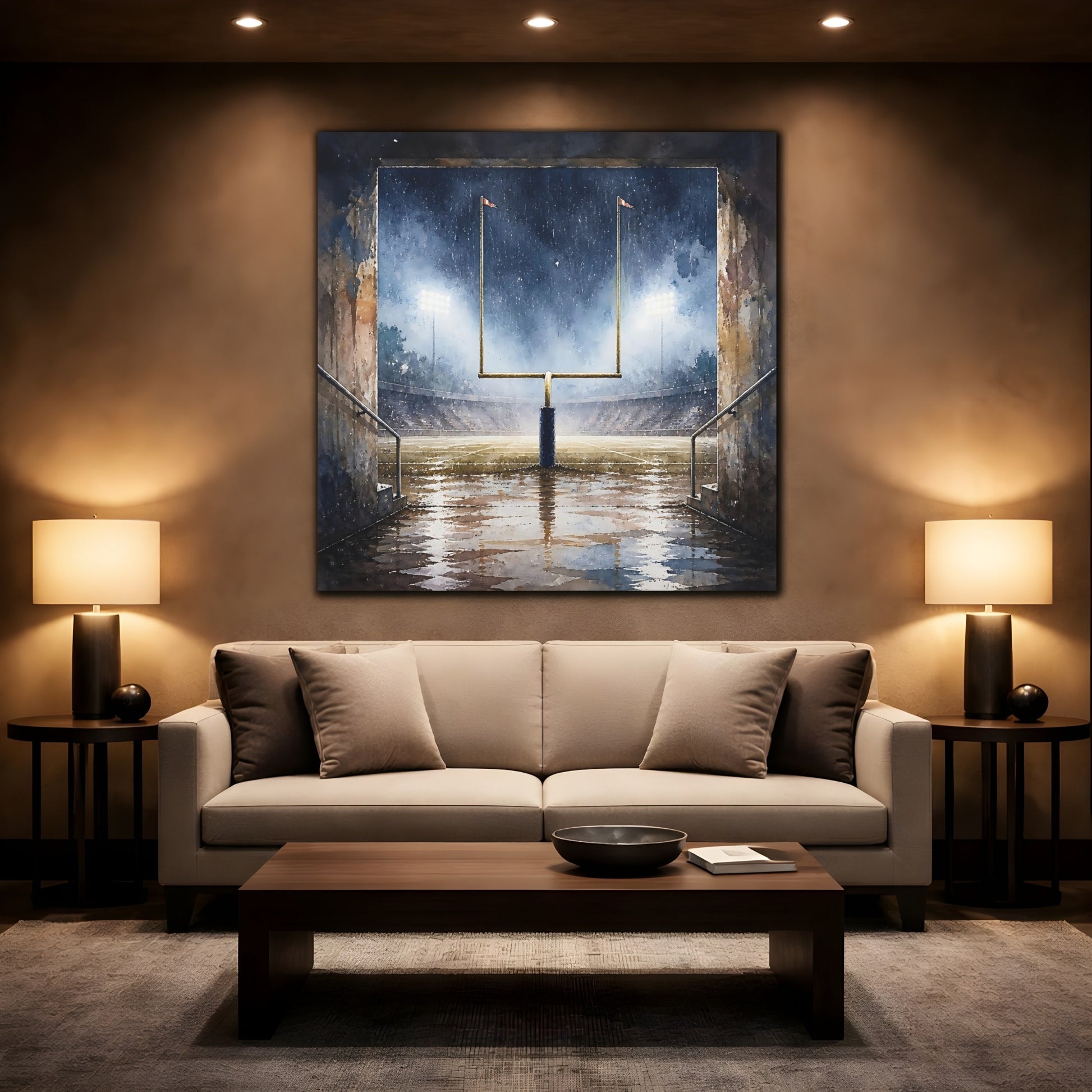 Mockup 2. Rainy Night Goalpost shown as canvas print