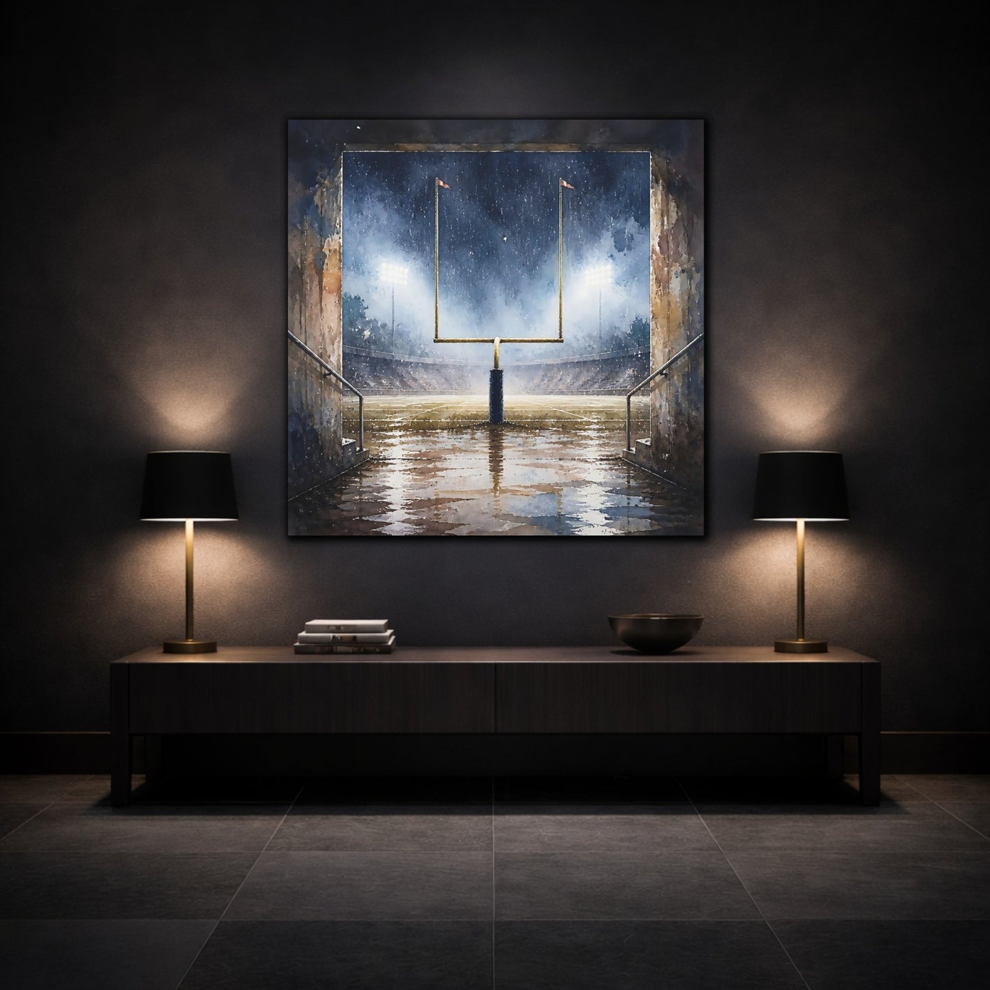 Mockup 3. Rainy Night Goalpost shown as canvas print